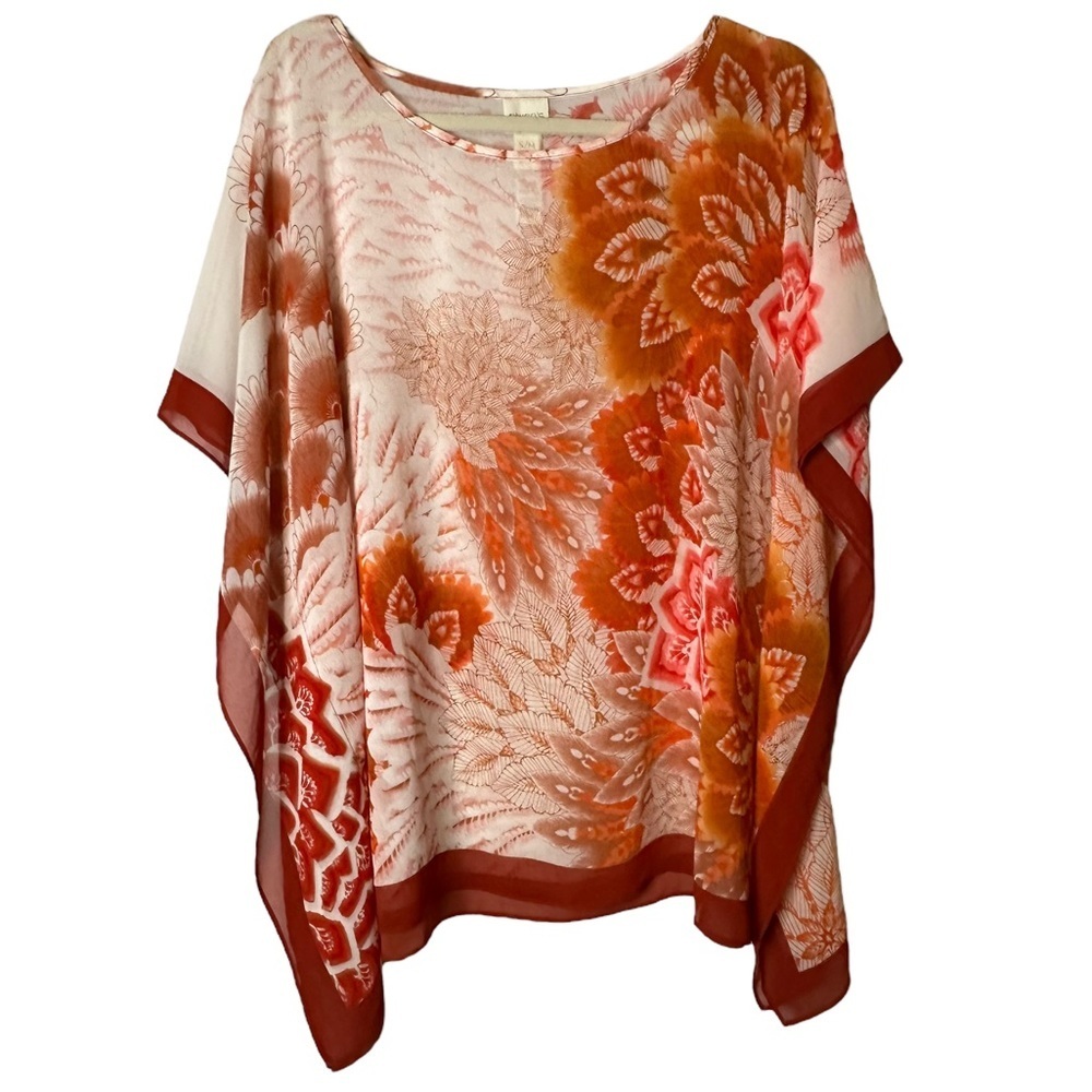 Chico’s Midori Poncho‎ Semi Sheer Top Red Orange #570144809 S/M Fairy Chic Flowy